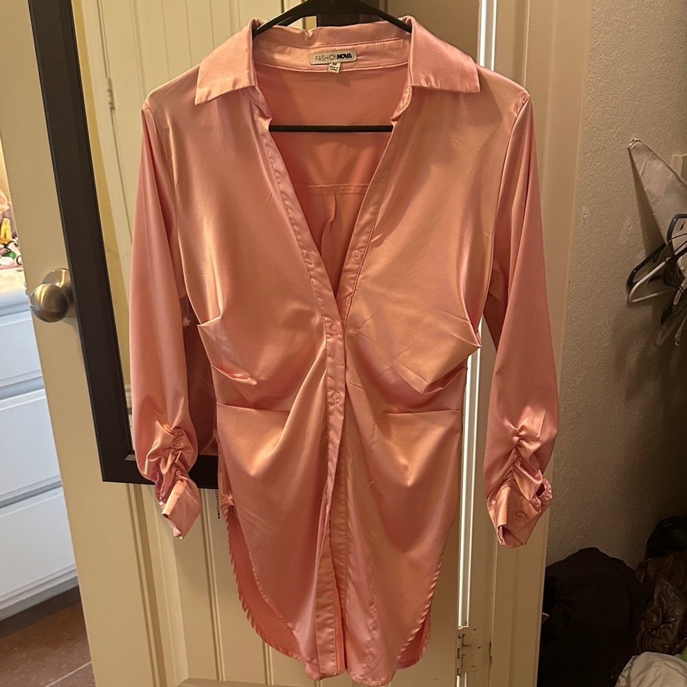 Fashion Nova Baby Pink Satin Button Down Shirt